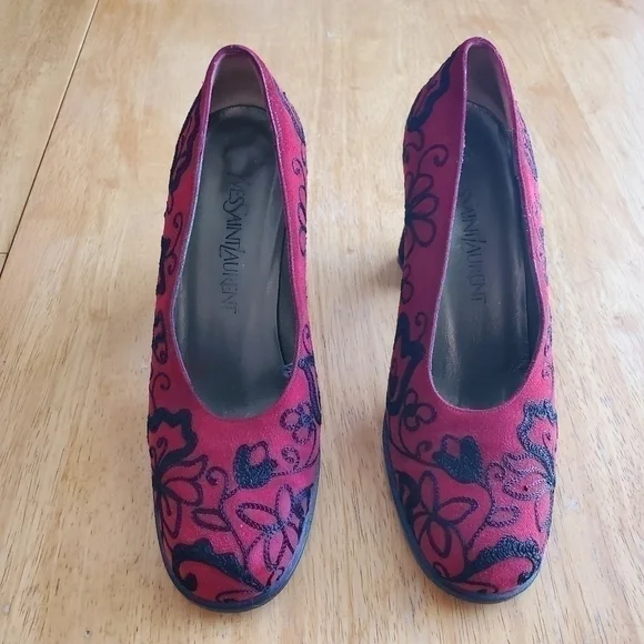Yves Saint Laurent YSL Vintage Embroidered Block Heels Red and Black 6.5 M - Picture 3 of 10